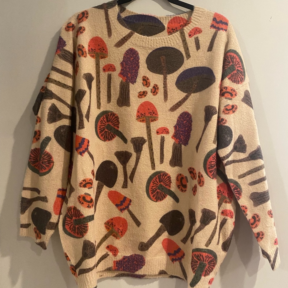Mushroom Patterned Sweater - Cream, Red, Black